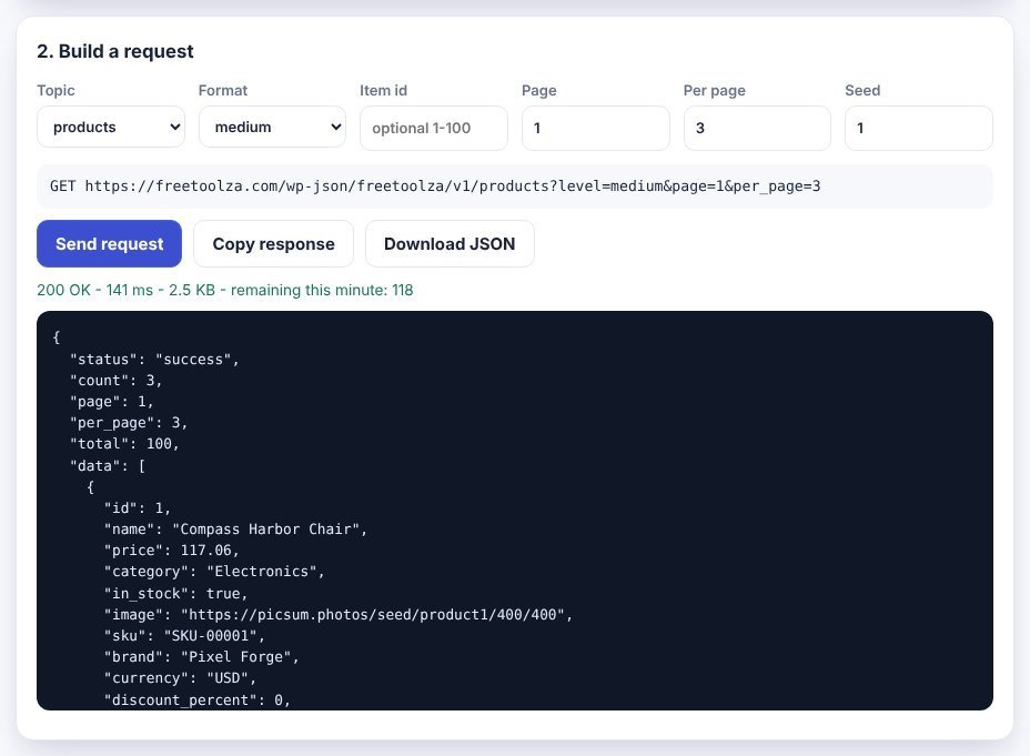 Fake API request builder showing a products response in medium format