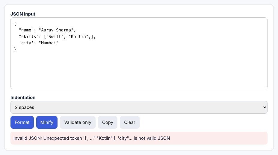 JSON Formatter showing an invalid JSON error for a trailing comma